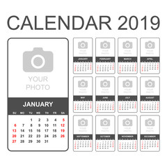 Calendar 2019 year in simple style. Calendar planner design template. Agenda monthly template with photo. Business vector illustration.