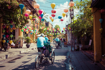 Hoian Ancient town houses. Colourful buildings with festive silk lanterns. UNESCO heritage site. Vietnam.
