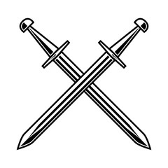 Crossed medieval swords on white background. Design element for logo, label, emblem, sign, poster, t shirt.