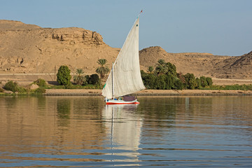 Traditional egyptian felluca sailing boat on river Nile with reflection at Aswan