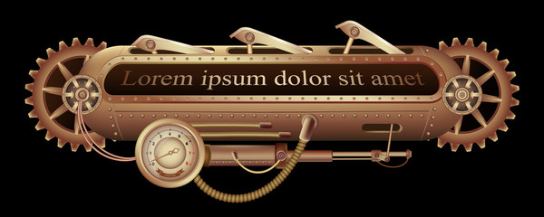 Freely editable mechanical banner decorated with brass gears, nozzles and rivets on a black Steampunk background.