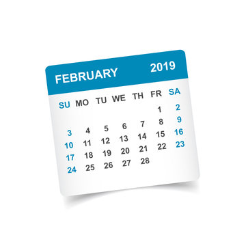 Calendar february 2019 year in paper sticker with shadow. Calendar planner design template. Agenda february monthly reminder. Business vector illustration.