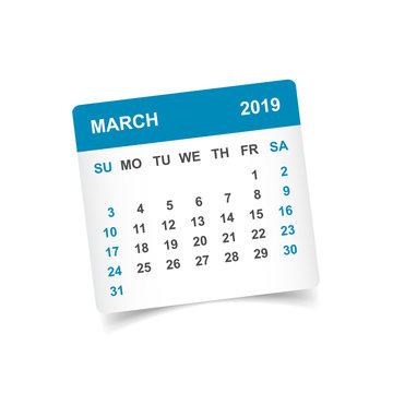 Calendar march 2019 year in paper sticker with shadow. Calendar planner design template. Agenda march monthly reminder. Business vector illustration.
