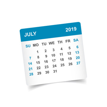 Calendar july 2019 year in paper sticker with shadow. Calendar planner design template. Agenda july monthly reminder. Business vector illustration.