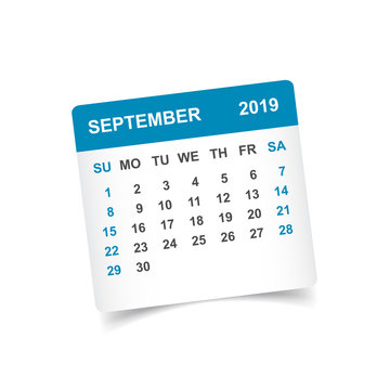 Calendar september 2019 year in paper sticker with shadow. Calendar planner design template. Agenda september monthly reminder. Business vector illustration.