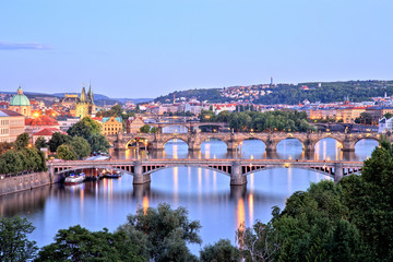 Fototapeta na wymiar Bridges of Prague over Vltava River, Scenic View from Letna