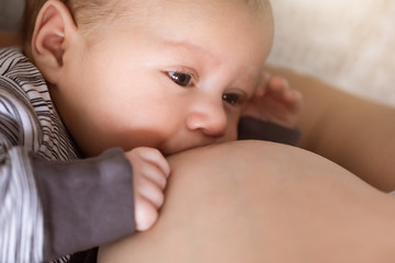 Close-up of mother breastfeeding and hugging newborn baby. Mom breast feeding her infant baby. Lactation newborn concept. Baby eating milk before sleeping. Mother feed her month son with breast milk