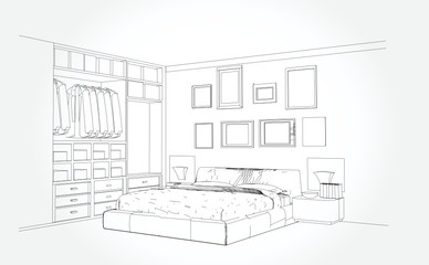 Obraz premium Linear sketch of an interior. Room plan. Sketch Line bedrooms. Vector illustration.outline sketch drawing perspective of a interior space