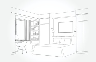 Linear sketch of an interior. Room plan. Sketch Line bedrooms. Vector illustration.outline sketch drawing perspective of a interior space