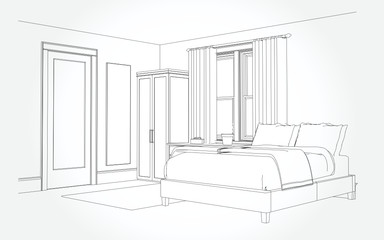 Linear sketch of an interior. Room plan. Sketch Line bedrooms. Vector illustration.outline sketch drawing perspective of a interior space