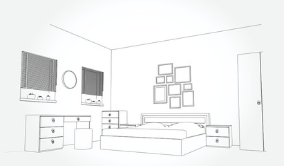 Linear sketch of an interior. Room plan. Sketch Line bedrooms. Vector illustration.outline sketch drawing perspective of a interior space