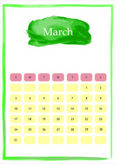 Watercolor calendar for March