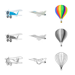 Vector design of plane and transport symbol. Collection of plane and sky stock symbol for web.