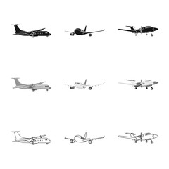 Vector design of plane and transport sign. Set of plane and sky vector icon for stock.