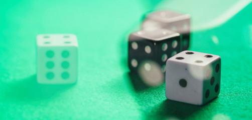 Casino, gambling. White and black dice on green felt abstract background