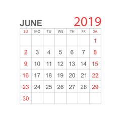 Calendar june 2019 year in simple style. Calendar planner design template. Agenda june monthly reminder. Business vector illustration.