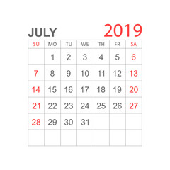 Calendar july 2019 year in simple style. Calendar planner design template. Agenda july monthly reminder. Business vector illustration.