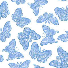 Blue butteflies on white background seamless pattern. Vector illustration.