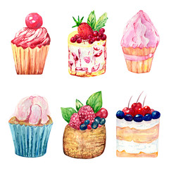 Set of hand painted watercolor Popsicle, sweet donuts, cakes.