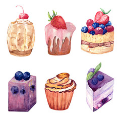 Set of hand painted watercolor popsicles, sweet donuts, cakes.