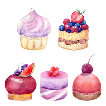 Set of hand painted watercolor Popsicle, sweet donuts, cakes.