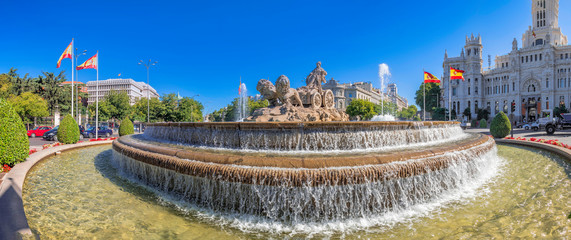 Panoramic view of the fountain of the goddess Cibeles, one of the main monuments in the center of...