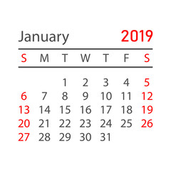 Calendar january 2019 year in simple style. Calendar planner design template. Agenda january monthly reminder. Business vector illustration.