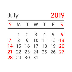 Calendar july 2019 year in simple style. Calendar planner design template. Agenda july monthly reminder. Business vector illustration.