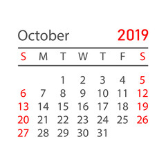 Calendar october 2019 year in simple style. Calendar planner design template. Agenda october monthly reminder. Business vector illustration.