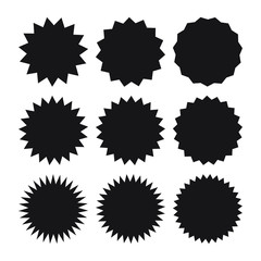 Set of vector starburst, sunburst badges. Black icons on white background. Simple flat style vintage labels, stickers.