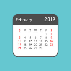 Calendar february 2019 year in simple style. Calendar planner design template. Agenda february monthly reminder. Business vector illustration.