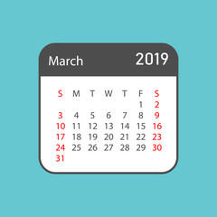 Calendar march 2019 year in simple style. Calendar planner design template. Agenda march monthly reminder. Business vector illustration.