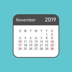 Calendar november 2019 year in simple style. Calendar planner design template. Agenda november monthly reminder. Business vector illustration.
