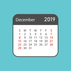 Calendar december 2019 year in simple style. Calendar planner design template. Agenda december monthly reminder. Business vector illustration.