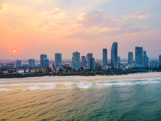 Naklejka premium An aerial view of Broadbeach on the Gold Coast at sunset
