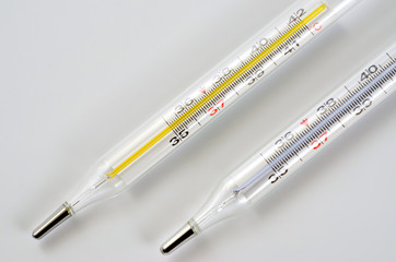 Glass medical thermometer thermometer for measuring body temperature shot on a white background