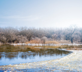 spring frozen melting river lscene