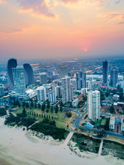 An aerial view of Broadbeach on the Gold Coast at sunset