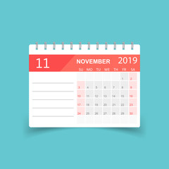 Calendar november 2019 year in paper sticker with shadow. Calendar planner design template. Agenda november monthly reminder. Business vector illustration.