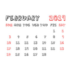 Calendar february 2019 year in cartoon child style. Calendar planner design template. Agenda february monthly reminder. Business vector illustration.