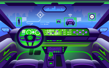 Autonomous smart car interior. Self driving at city landscape.