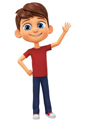 Character cartoon guy in a red T-shirt with a raised hand as a sign of greeting. 3d rendering. Illustration for advertising.
