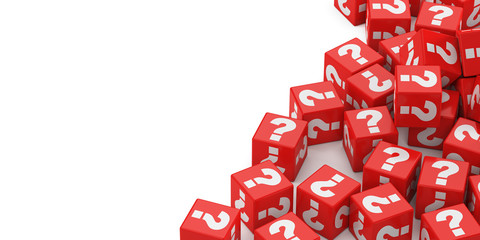 Many red cubes with question marks on a white background. 3d rendering.