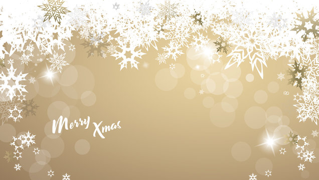 Christmas golden vector background illustration with snowflakes and Merry Christmas text