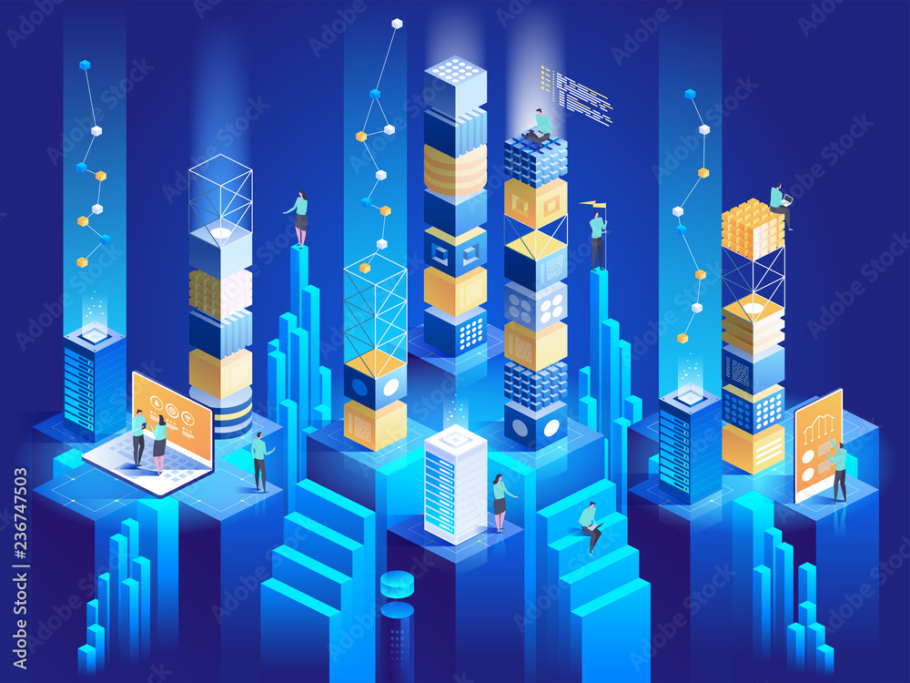 Poster technology isometric concept. digital blocks connection with each other.