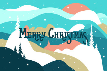 Fototapeta na wymiar Merry Christmas. Postcard with mountains and snow covered hills, snowfall and the sun, trees. Winter landscape. Vector illustration.