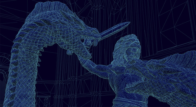wire frame illustration of an ancient warrior fighting a monster inside of a digital video game environment