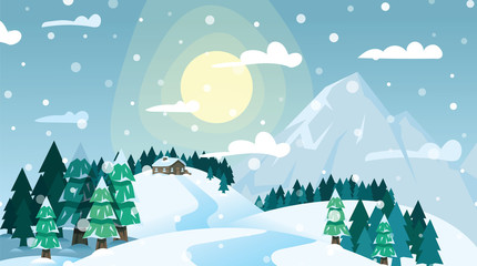 Winter landscape house on snowy coniferous forest and mountains on blue sky and bright sun background. Winter forest, house on snowy mountain. Merry Christmas and New Year concept.
