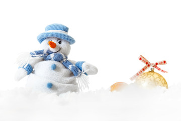 Christmas isolated happy snowman wearing blue hat and scarf with decorative balls on white light background, merry marry xmas decorations and happy new year greeting card, front view