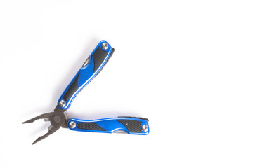 Blue open multitool with pliers knife screwdriver bottle opener saw all-in-one instrument isolated...